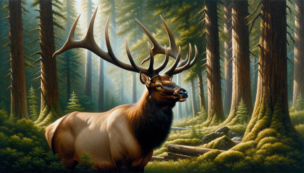 Elk forest wallpaper design file showing detailed pine woods scene and wildlife art