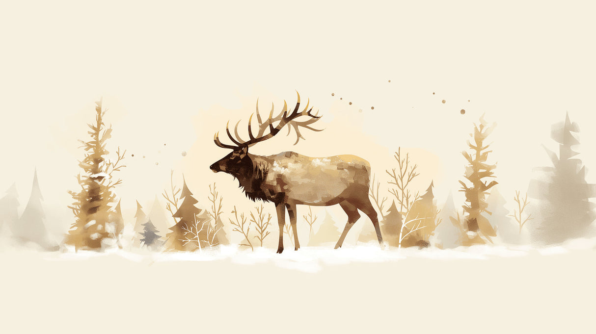 Winter forest wallpaper with majestic elk creating a cozy atmosphere in a modern living room setting