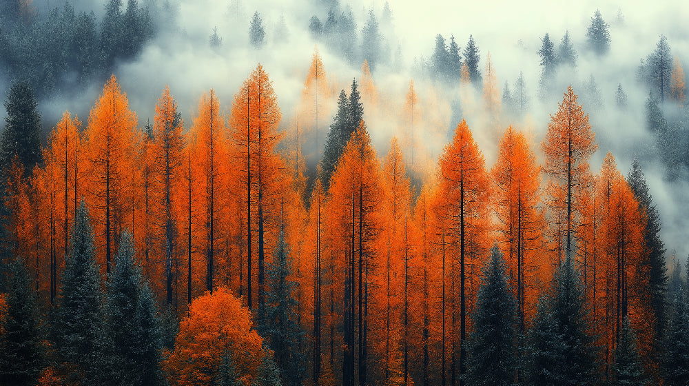 Forest Mural Wallpaper showing orange pine trees in mist, displayed in a modern living room with grey sofa and natural light