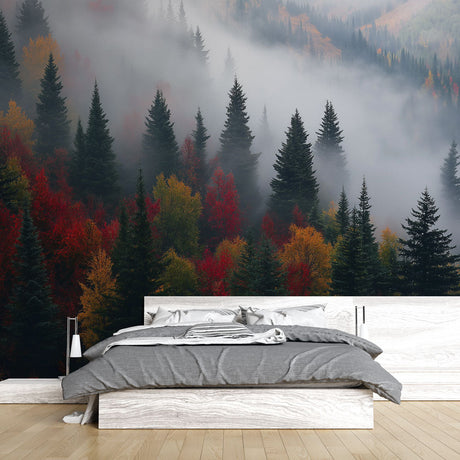 Misty forest wallpaper creating depth in modern living room with natural light highlighting autumn colors