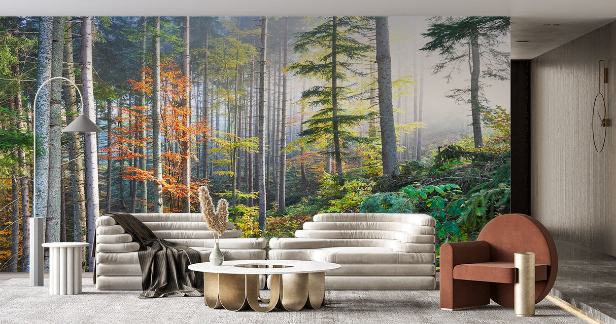 Misty forest wallpaper installation in home office showing depth and perspective