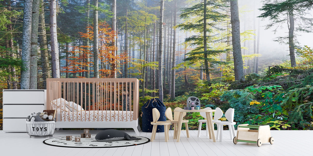 Woodland mural creating serene atmosphere in meditation room with morning light