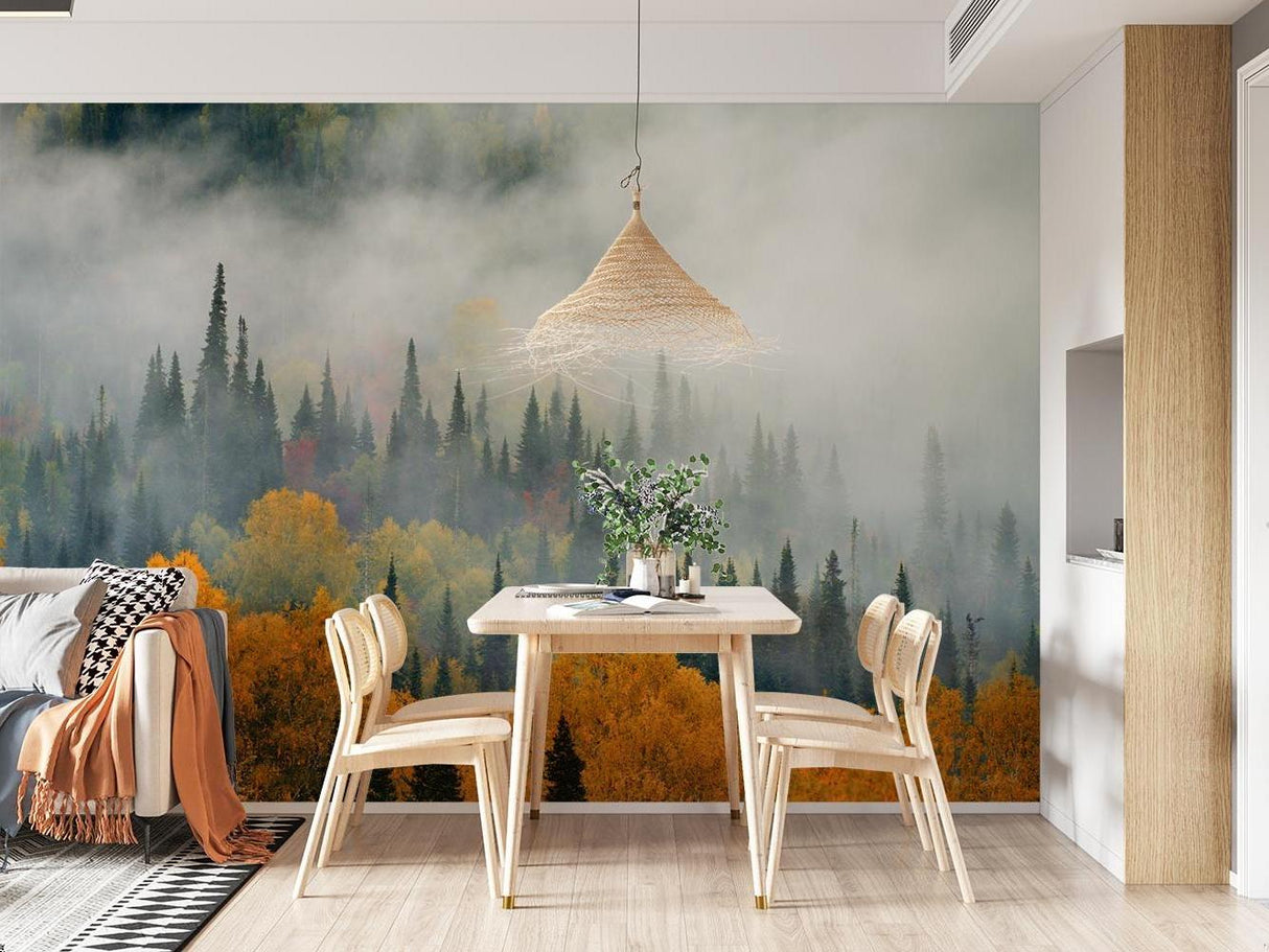 Bedroom with forest landscape wallpaper featuring golden autumn trees and morning mist