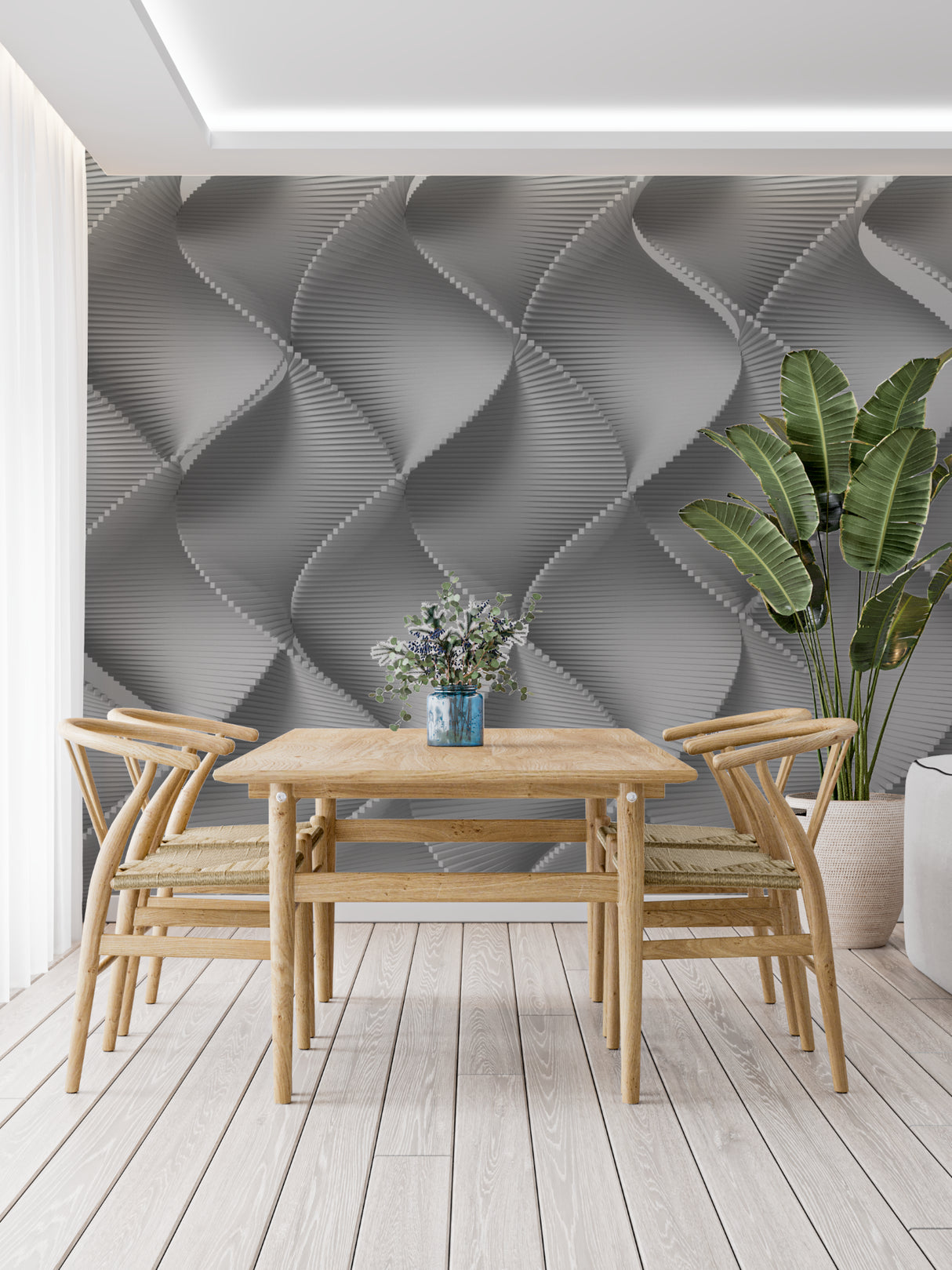 Pine forest wallpaper in cozy bedroom with morning light filtering through the design