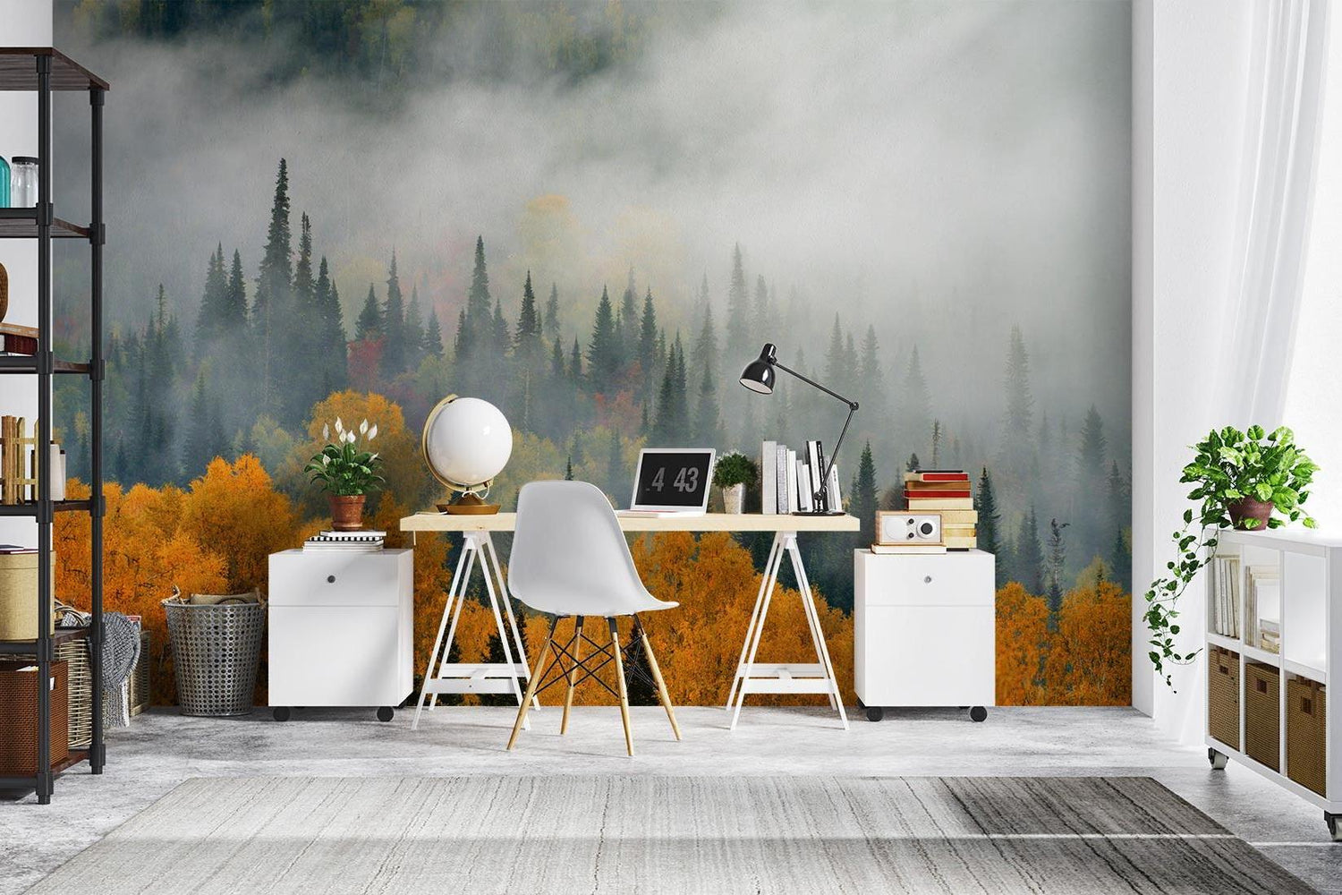 Home office decorated with pine forest wallpaper showing misty mountain scenery