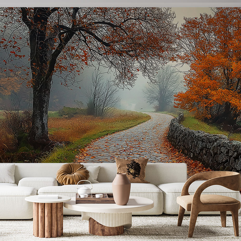 Forest path wallpaper creating depth in a modern living room with soft morning light filtering through windows