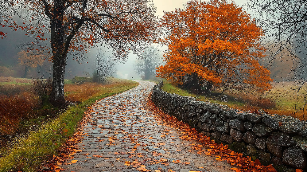 Autumn forest path design file showing detailed misty landscape and stone pathway pattern
