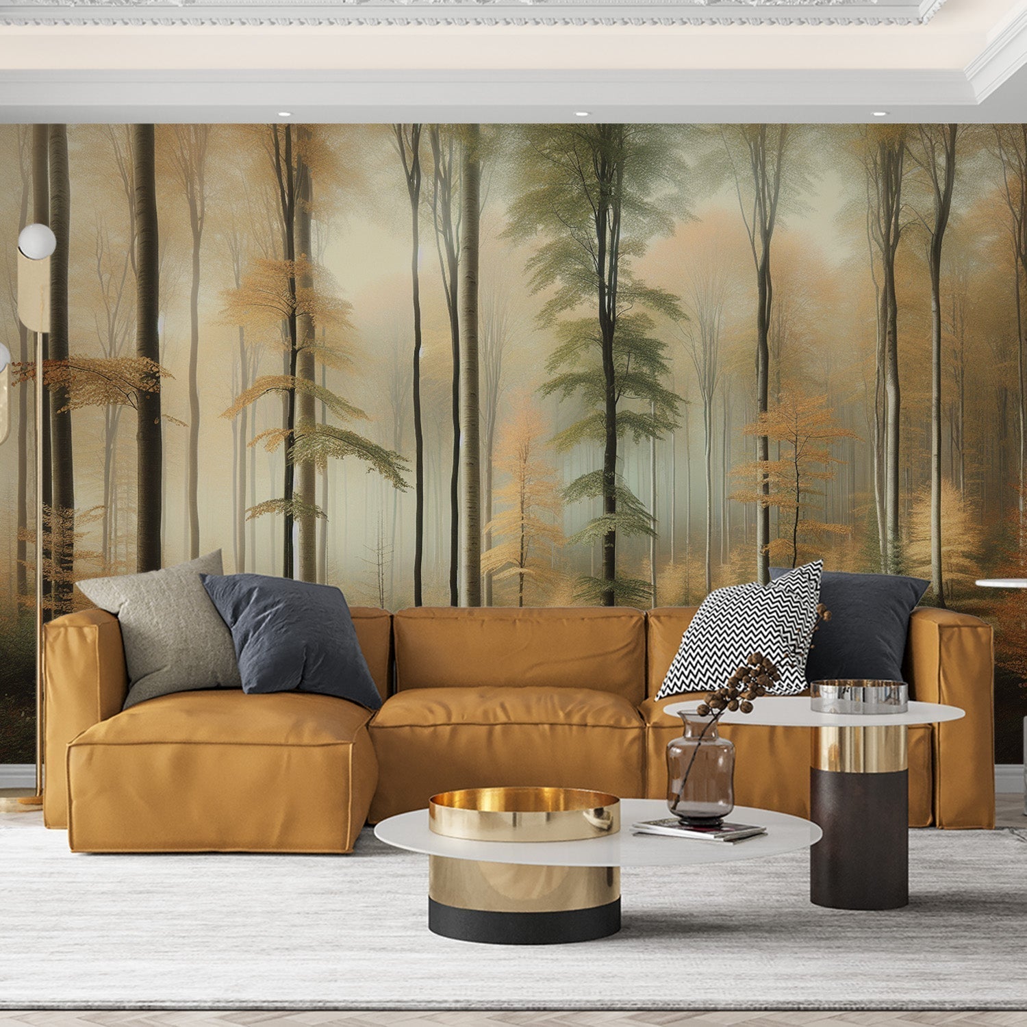 Forest Mural Wallpaper creating a cozy atmosphere in a modern living room, golden morning light filtering through misty trees