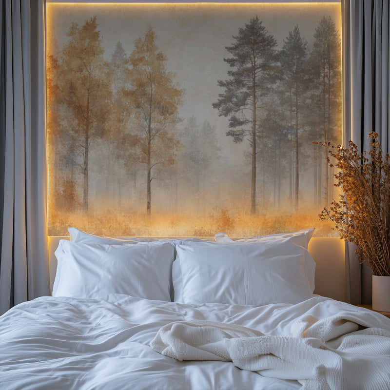 Bedroom featuring golden forest wallpaper mural with morning light effect