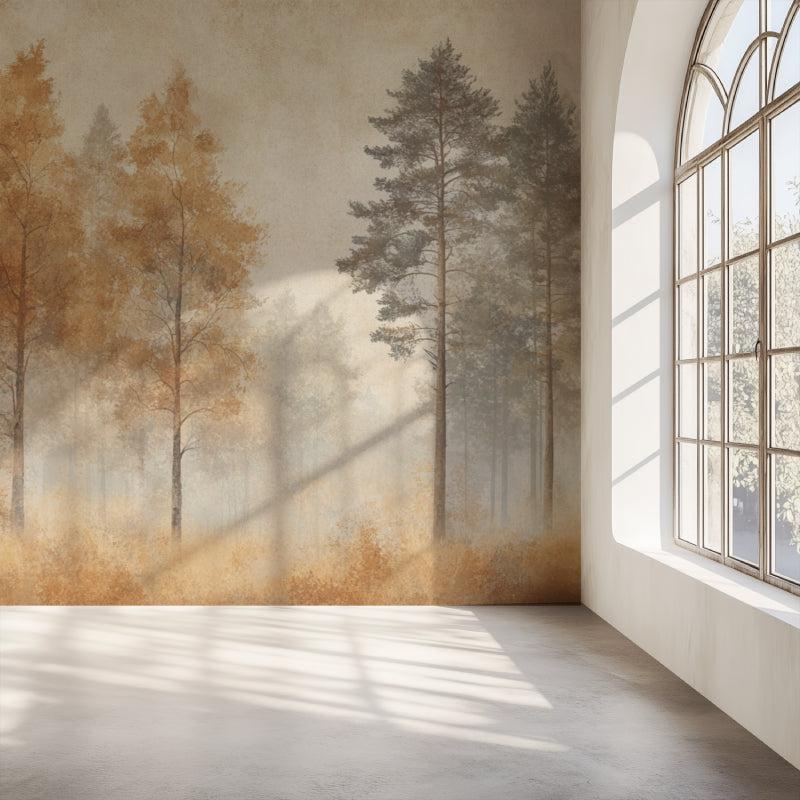 Nature wall mural in dining room showcasing misty forest scene