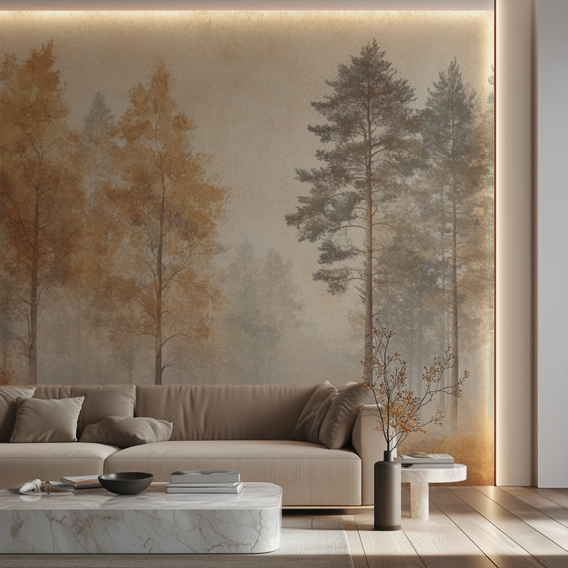 Home office with forest tree wallpaper creating peaceful work environment