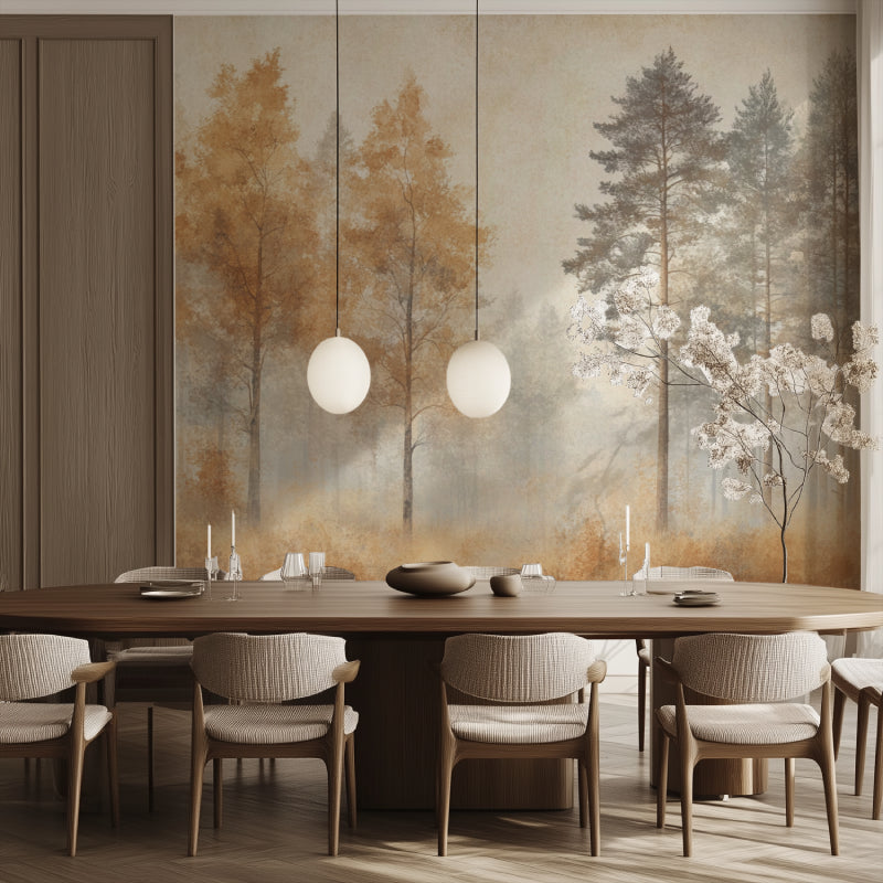 Forest mural wallpaper in hallway with soft lighting