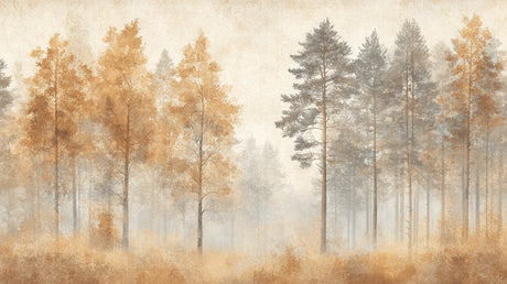 Design file showing full misty autumn forest pattern with golden trees and morning fog