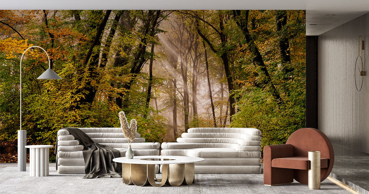 Woodland wallpaper scene bringing nature indoors in a dining room setting