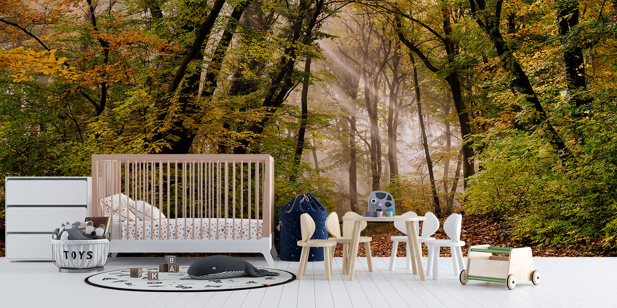 Forest wall mural creating a stunning focal point in a minimalist hallway