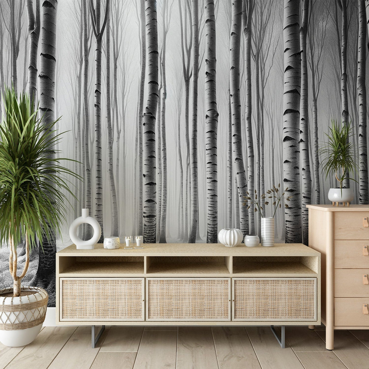 Black and white forest wallpaper creating a serene atmosphere in a modern living room with minimal furniture