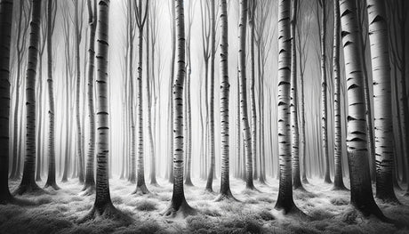 Misty birch trees forest wallpaper design file showing detailed black and white pattern