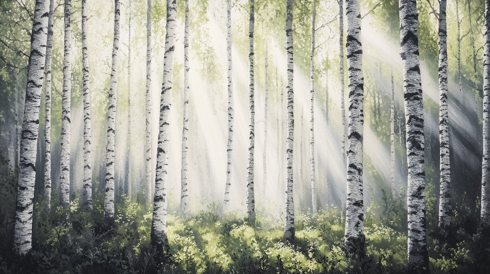 Birch forest wallpaper design file showing detailed misty tree pattern with sunlight rays