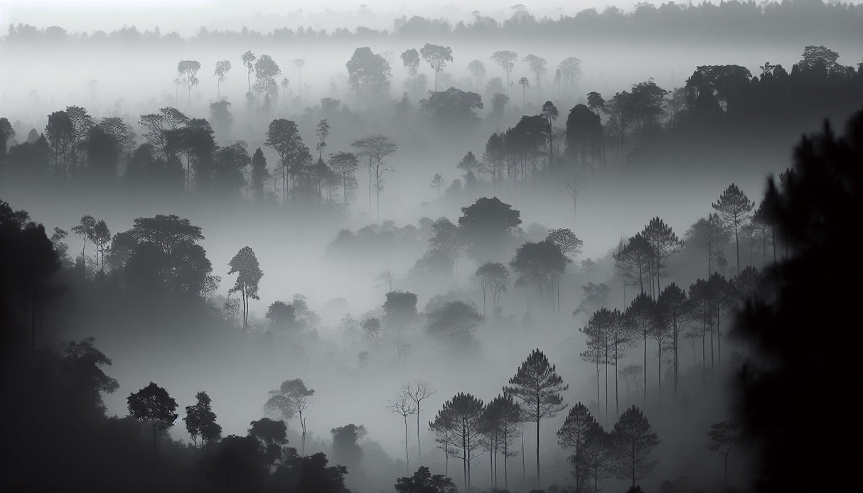 Black and white forest landscape design file showing detailed misty tree silhouettes