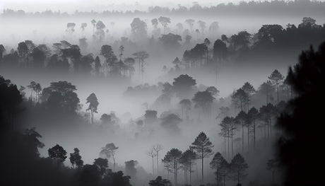 Black and white forest landscape design file showing detailed misty tree silhouettes