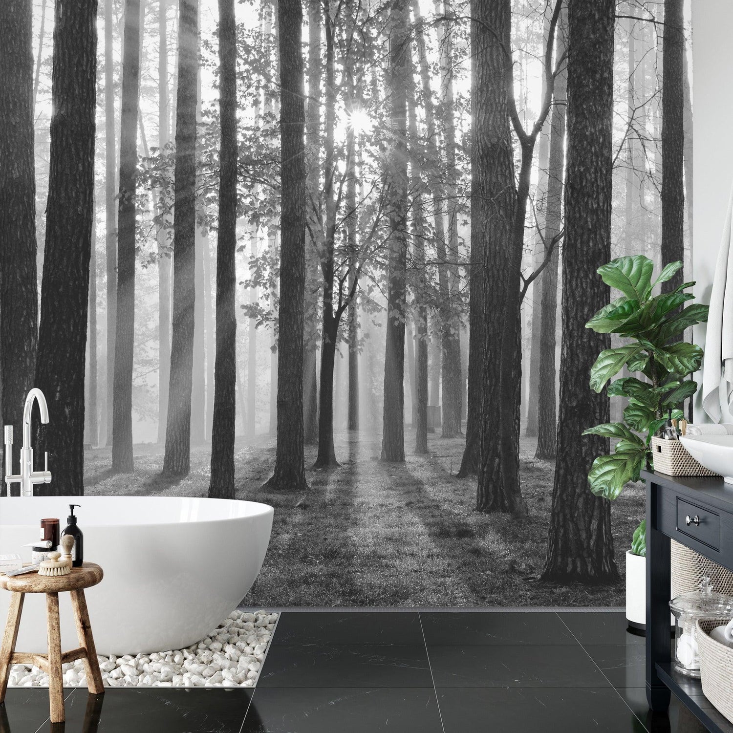 Forest wall mural in home office showing black and white misty trees