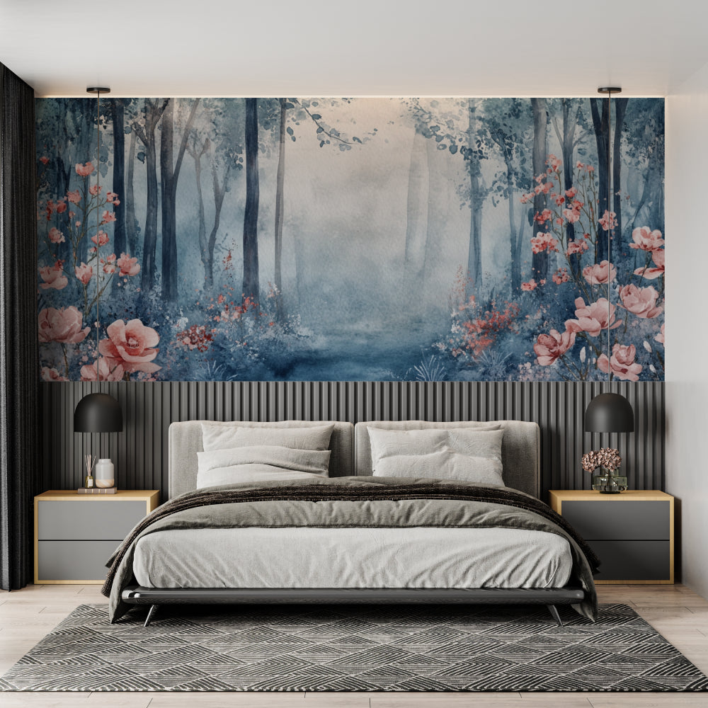 Forest Mural Wallpaper creating a dreamy atmosphere in a modern living room with soft blue walls and pink floral accents