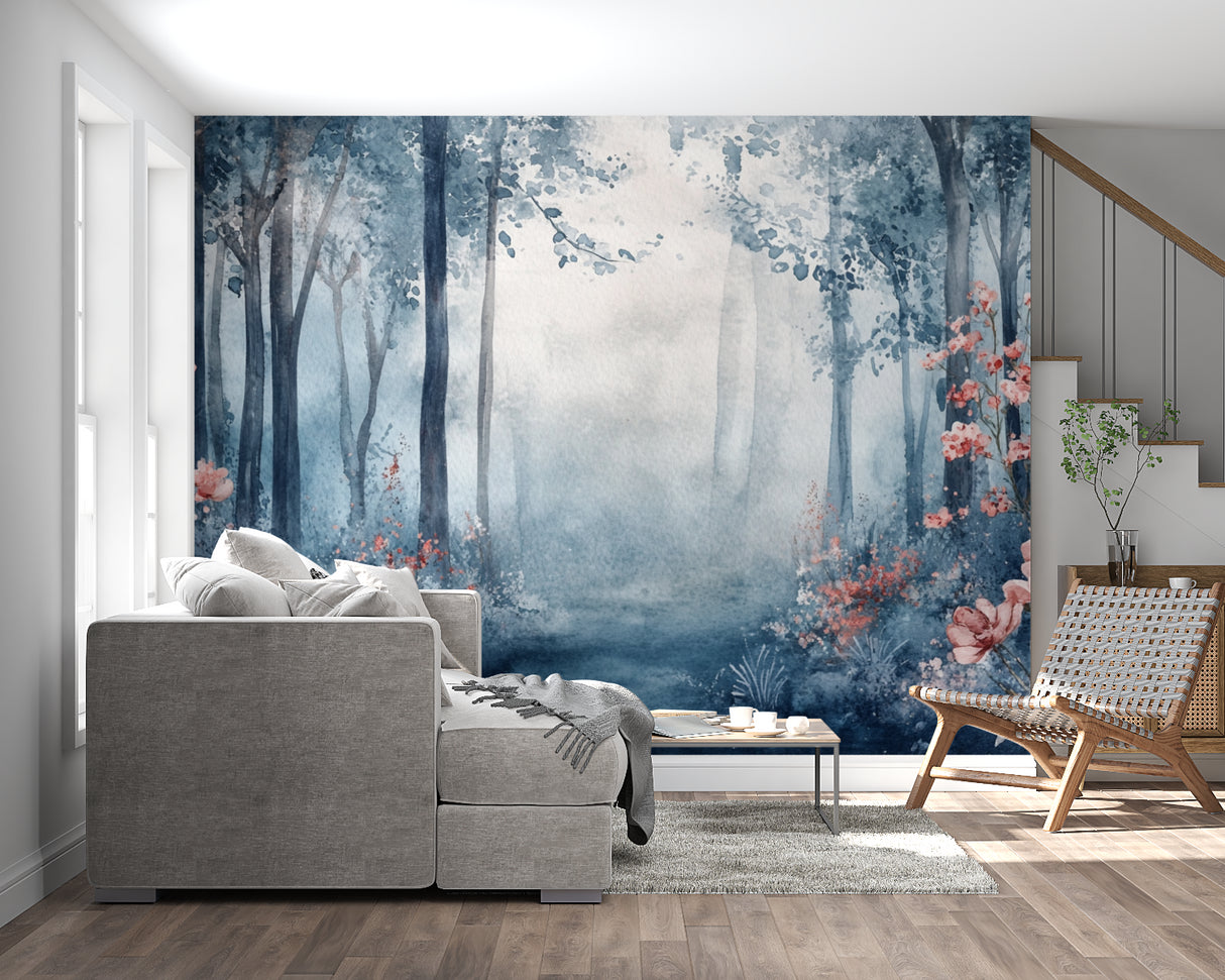 Enchanted Forest Wallpaper transforming a bedroom into a peaceful sanctuary with misty blue trees