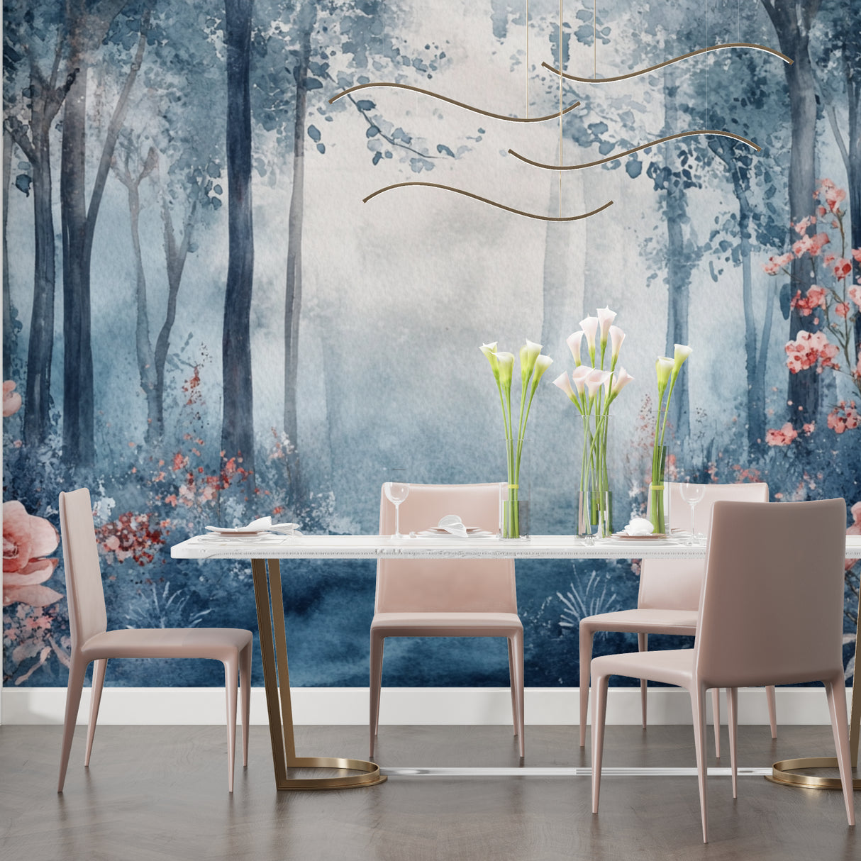 Watercolor Forest Mural adding depth to a dining room with delicate pink flowers and blue mist