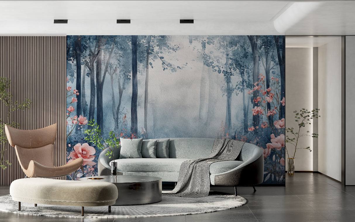 Misty Forest Wallpaper brightening a home office with ethereal blue trees and pink blooms