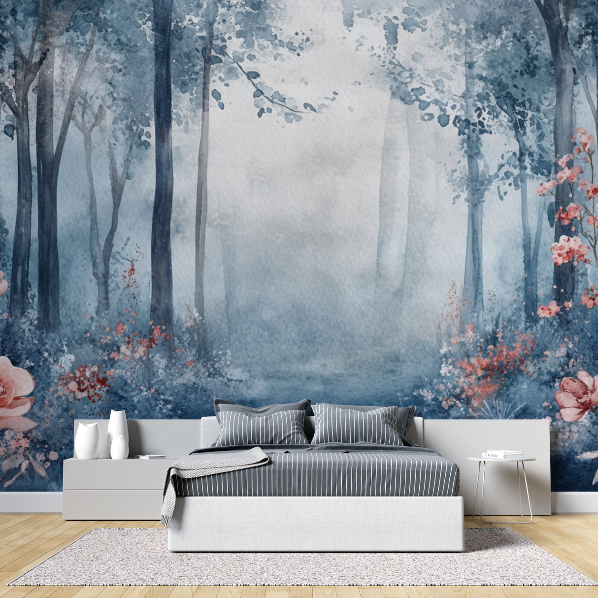 Forest Wall Mural creating a calming reading nook with soft misty blues and pink floral details