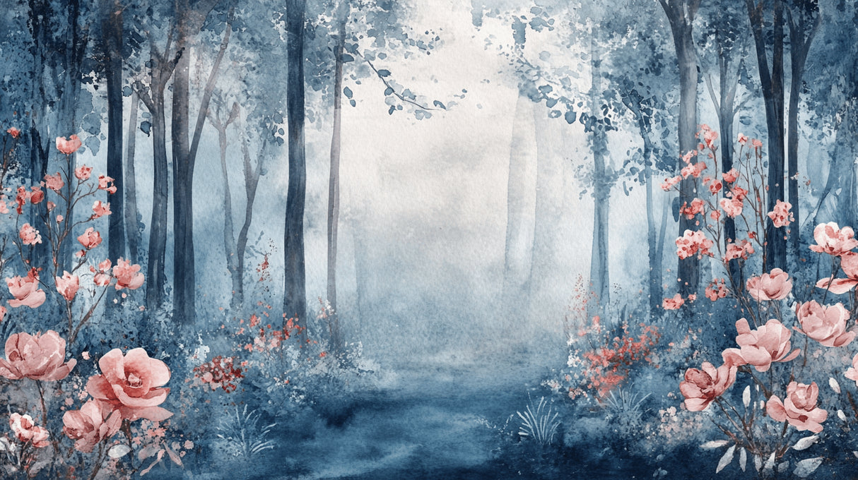 Design file showing detailed watercolor forest pattern with misty blue trees and pink flowers
