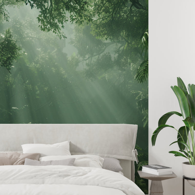 Forest mural wallpaper creating a calm atmosphere in a modern living room with natural light