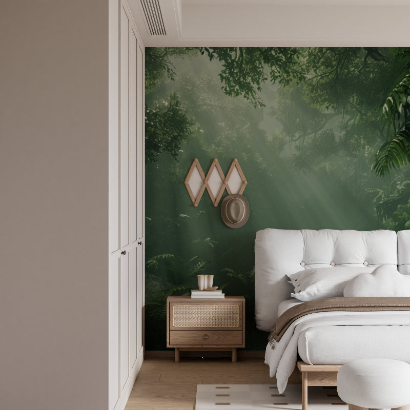 Green forest wallpaper adding depth to a cozy bedroom setting
