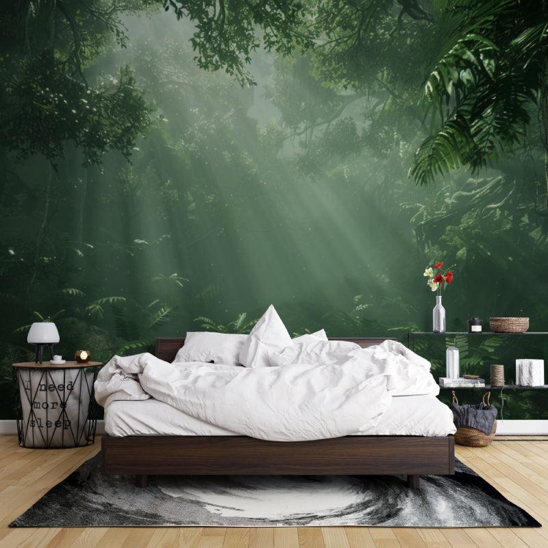 Misty forest mural bringing nature indoors in a minimalist dining room