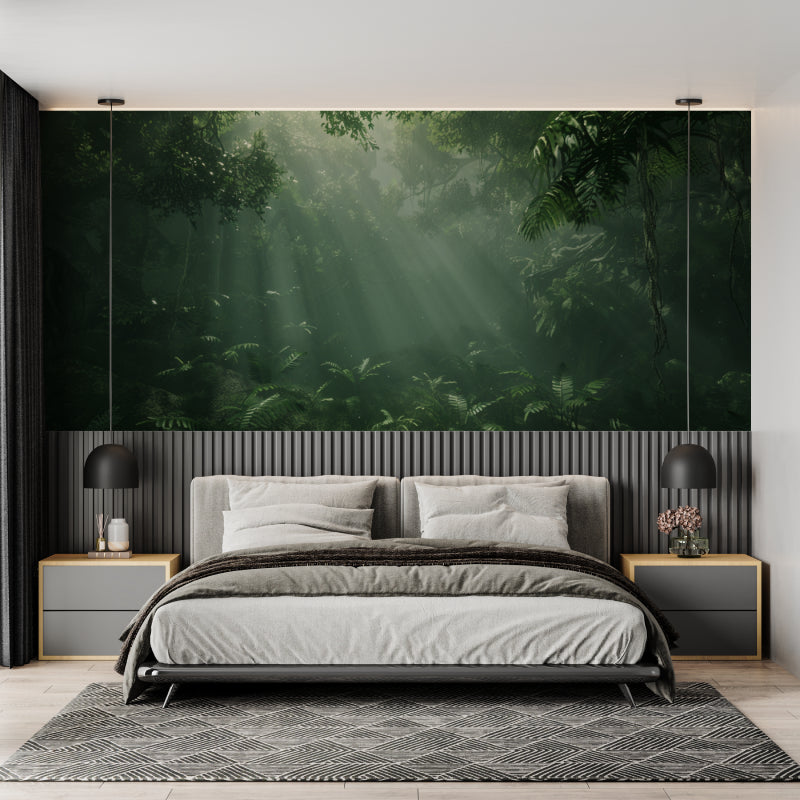 Forest canopy wallpaper creating a peaceful home office environment