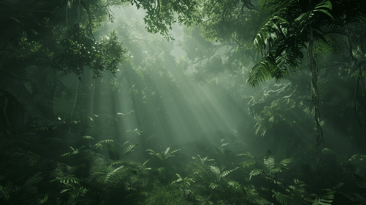 High-resolution design file of misty green forest canopy pattern with sunlight rays