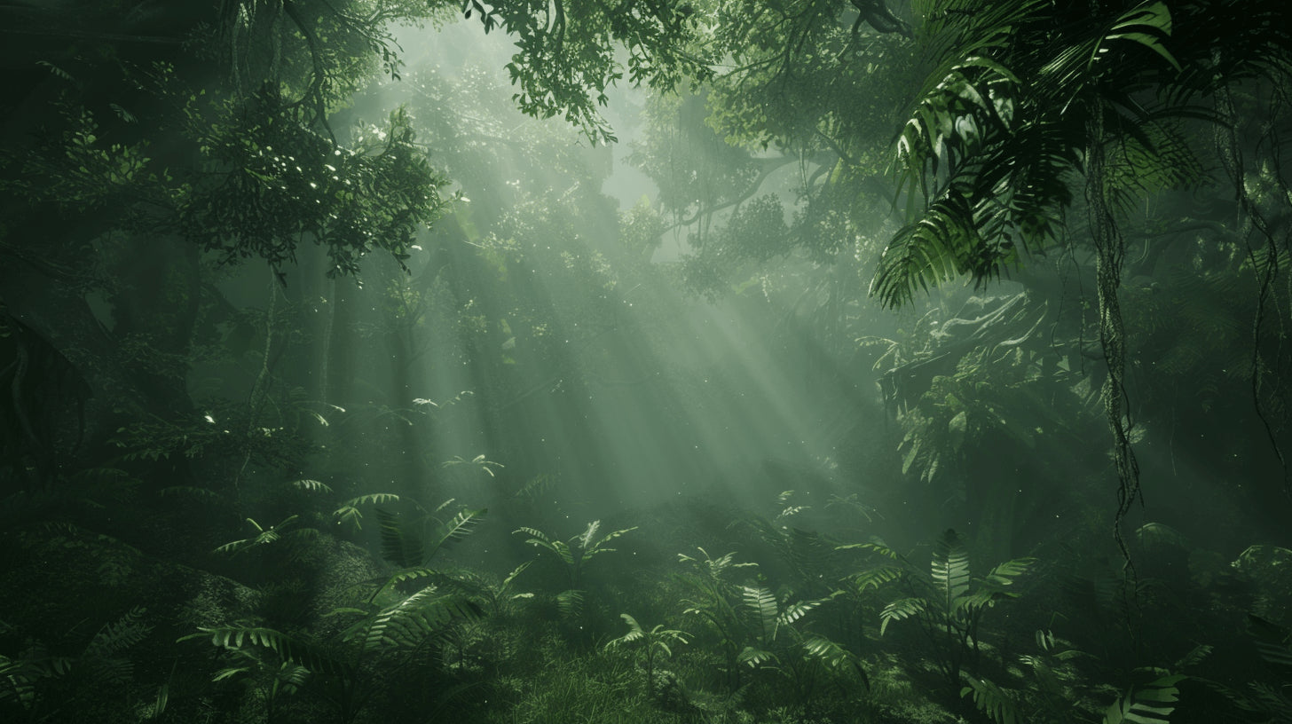 High-resolution design file of misty green forest canopy pattern with sunlight rays