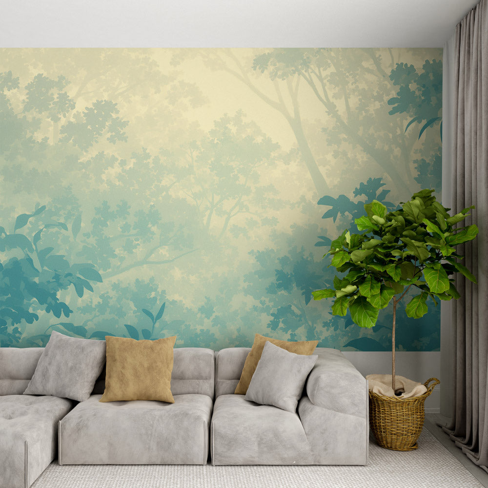 Forest mural wallpaper creating depth in modern living room with natural light