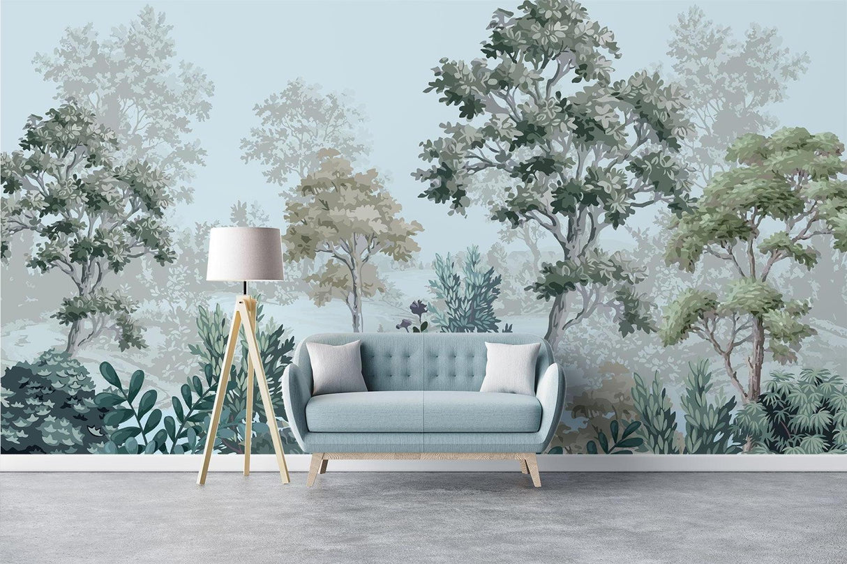 Forest mural wallpaper creating depth in modern living room with natural light