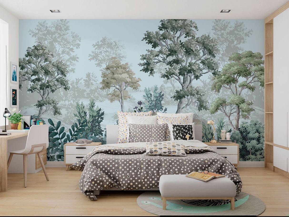Forest landscape mural making small office space feel larger