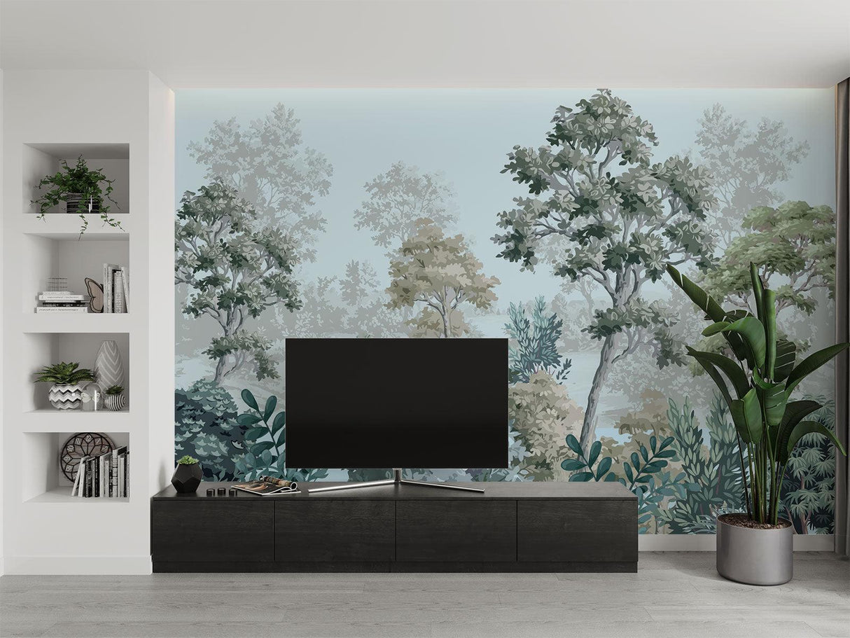 Green forest wallpaper creating calm atmosphere in reading nook