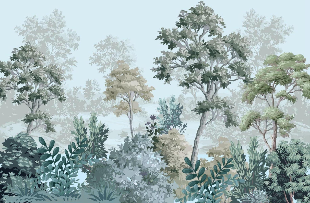Detailed design file of misty green forest landscape wallpaper pattern