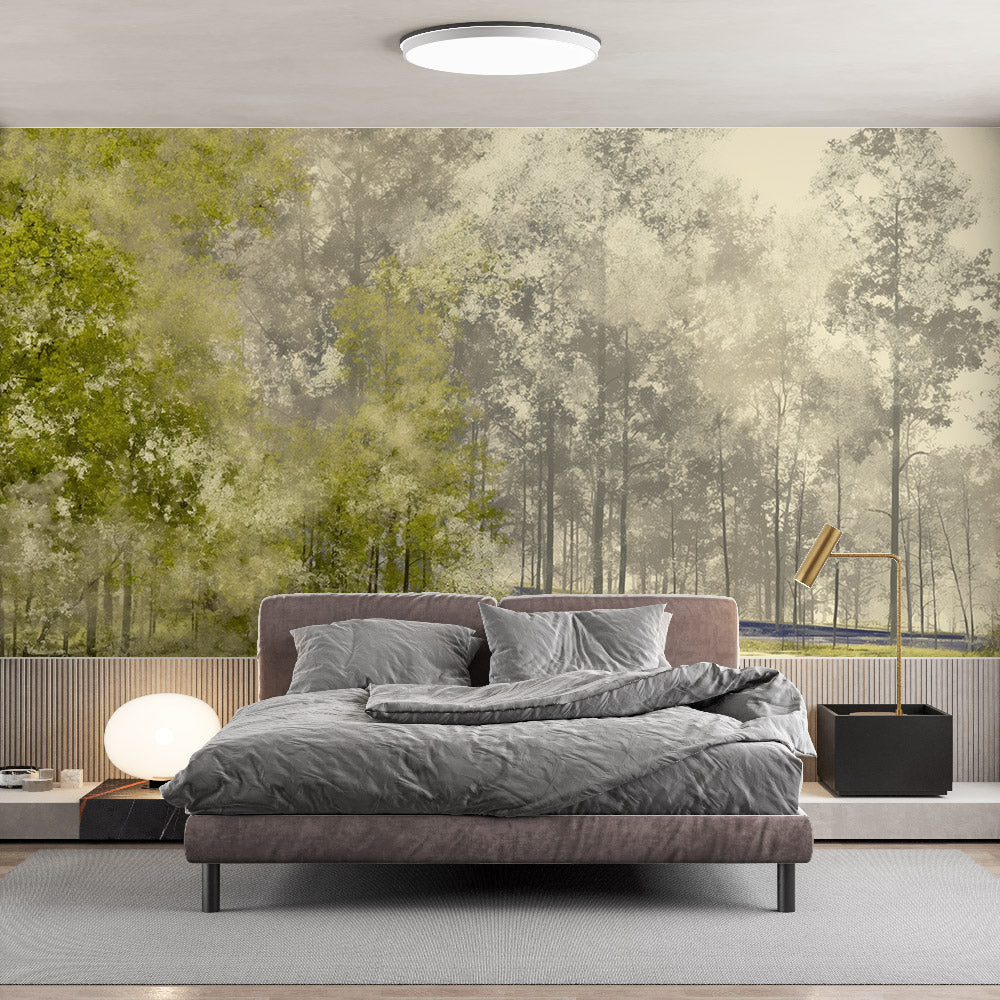 Forest wallpaper mural in modern living room showing misty pine trees creating depth and atmosphere