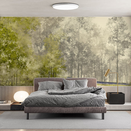 Forest wallpaper mural in modern living room showing misty pine trees creating depth and atmosphere