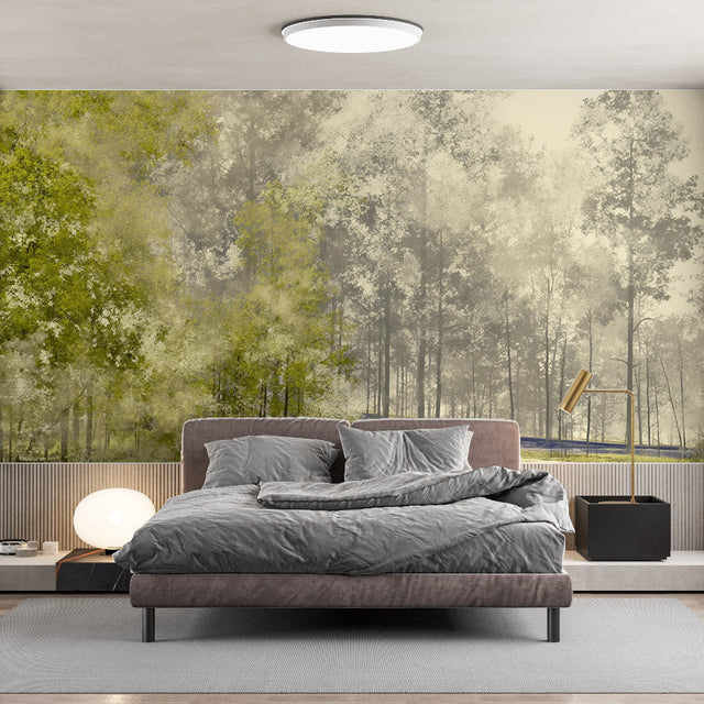 Forest wallpaper mural in modern living room showing misty pine trees creating depth and atmosphere