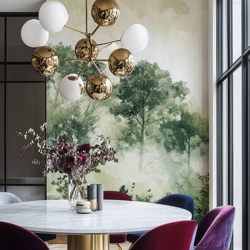 Misty forest wallpaper in master bedroom with minimal furniture and morning light