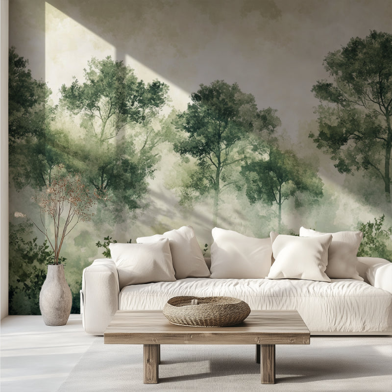 Forest tree wallpaper in home office creating calm work environment