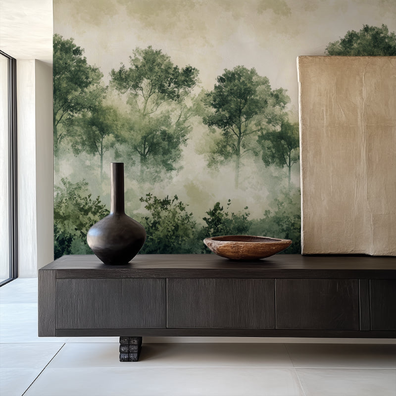 Misty forest mural in meditation room showing peaceful morning scene