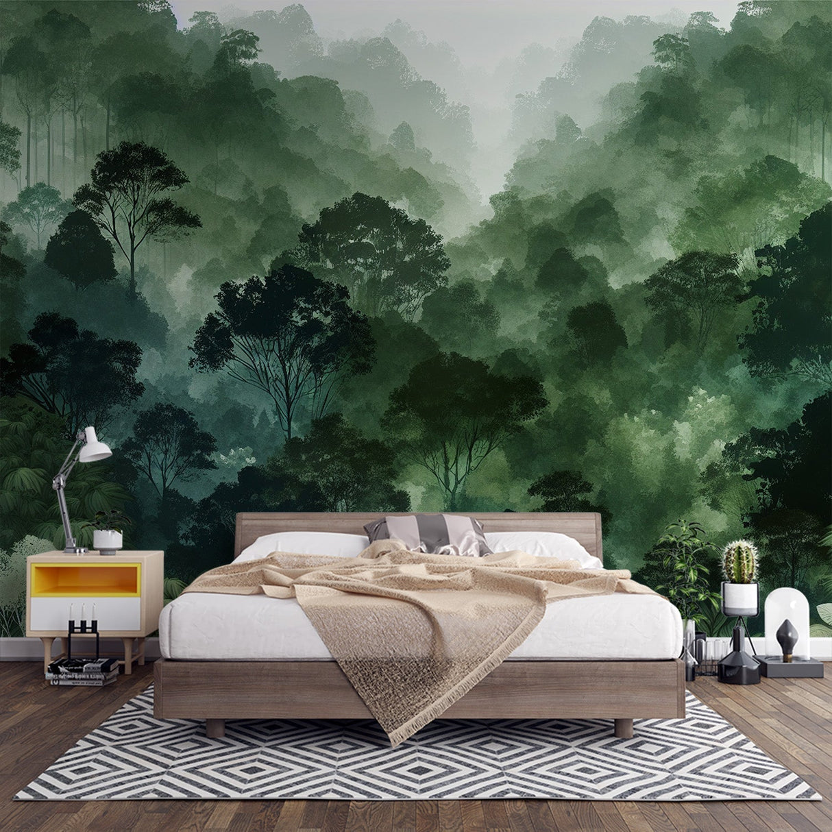 Forest wall mural creating depth in modern living room, emerald green misty valley design transforms blank wall
