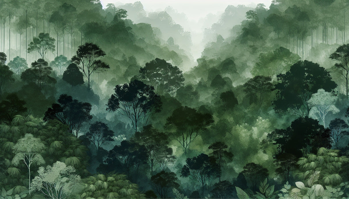 Misty forest wallpaper design file showing detailed morning fog and tree silhouettes